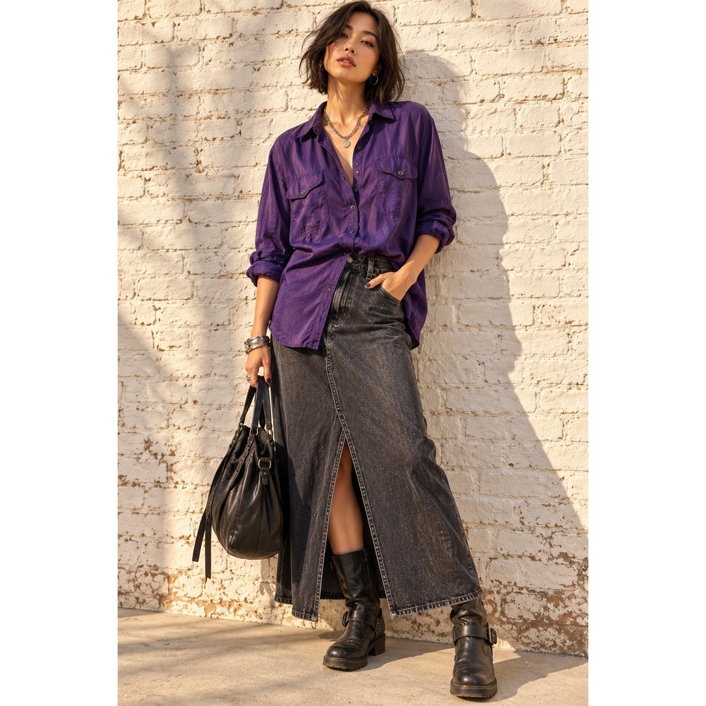Vintage Louise Paris Purple Silk Button Down Oversized Utility Shirt Blouse M